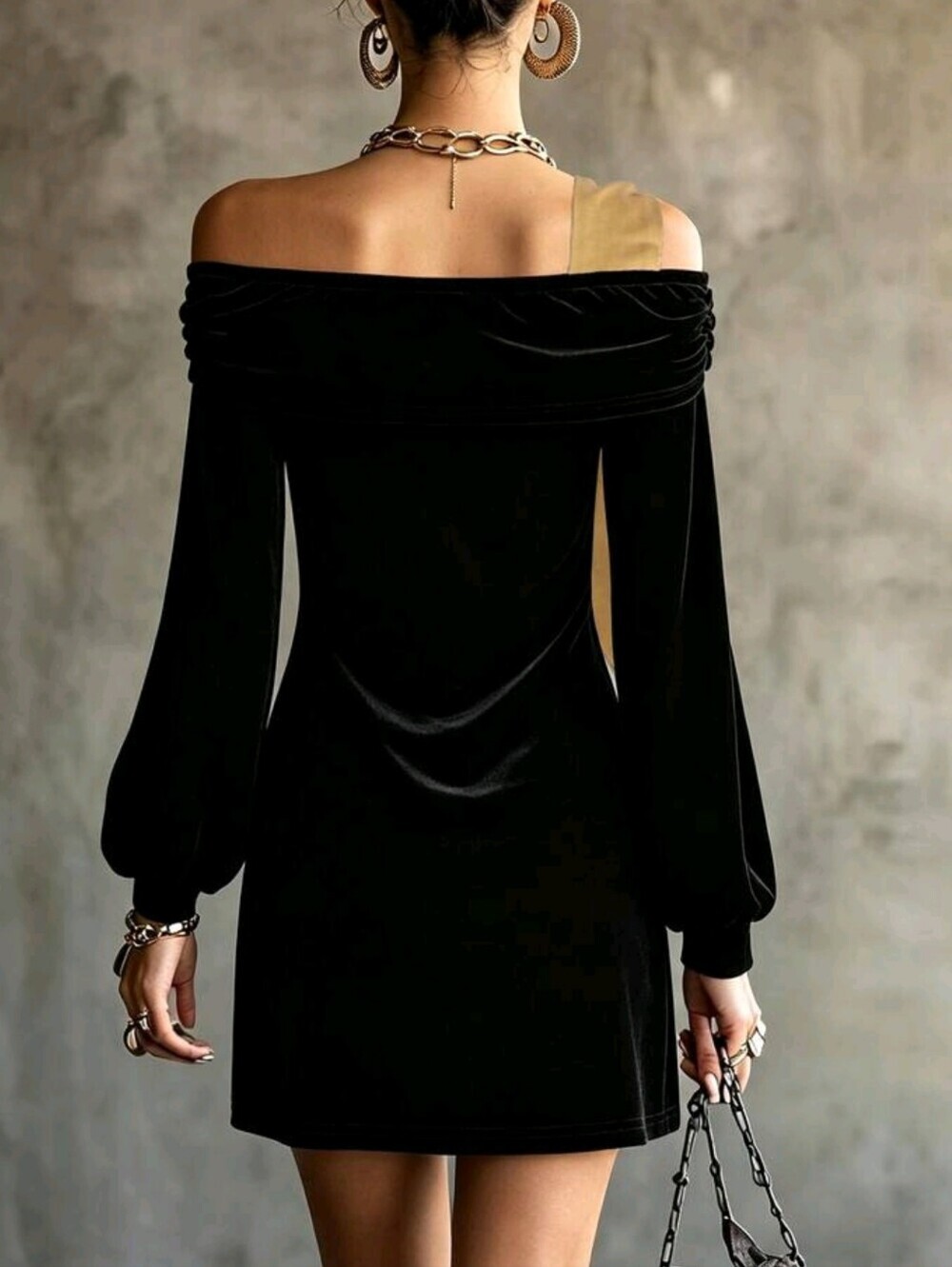 Women's Autumn New Black Velvet & Gold Satin Patchwork Bow Off-Shoulder - Picture 2 of 8